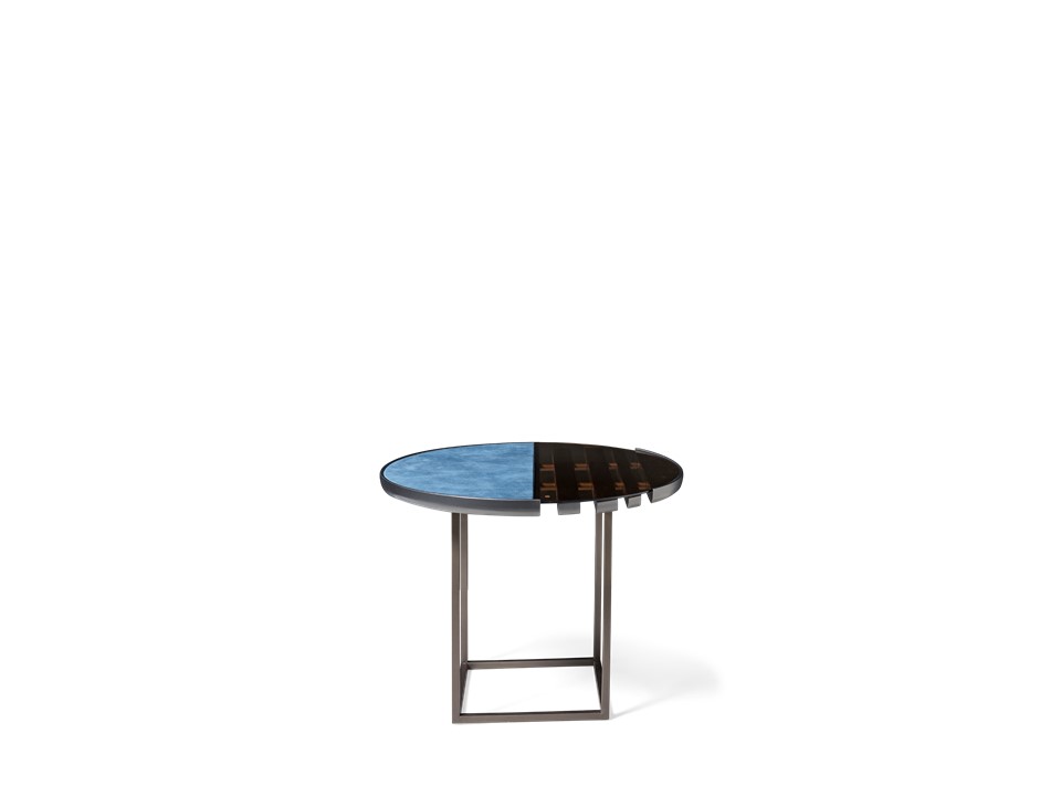 LAURO-BMBO-BJ-8099-ROUND TABLE (DIA 600*460)-LEATHER D007+GOLDEN TEA GLASS+BLACK GOLD