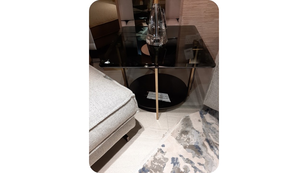 INESSA-CD-CJ1552A END TABLE (600*600*500) - GREY GLASS+BOTTOM BLACK GLOSS+STAINLESS STEEL CHAMPAGNE GOLD LEG