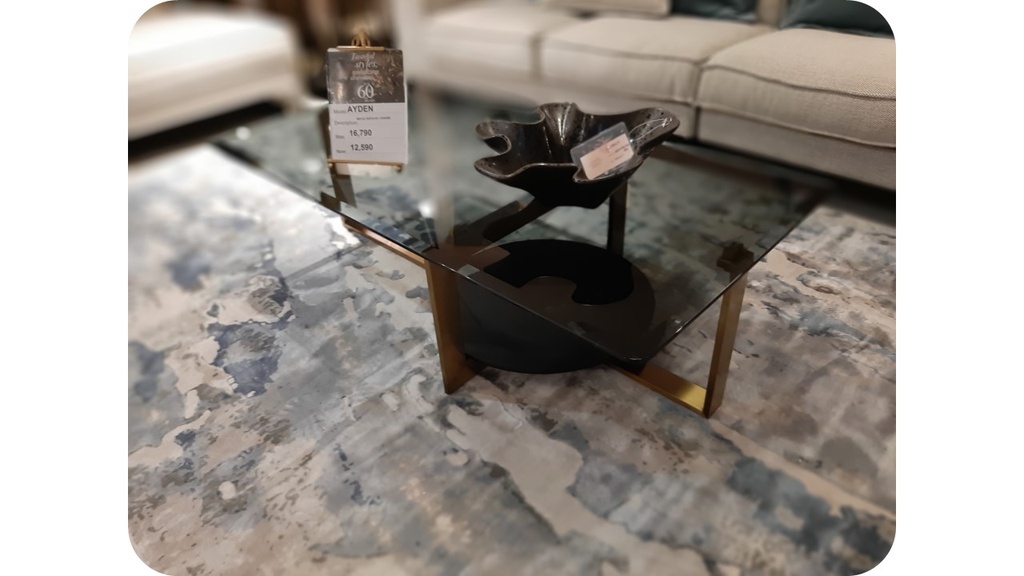 INESSA-CD-CJ1552B COFFEE TABLE (1350*700*380) - GREY GLASS+BOTTOM BLACK GLOSS+STAINLESS STEEL CHAMPAGNE GOLD LEG