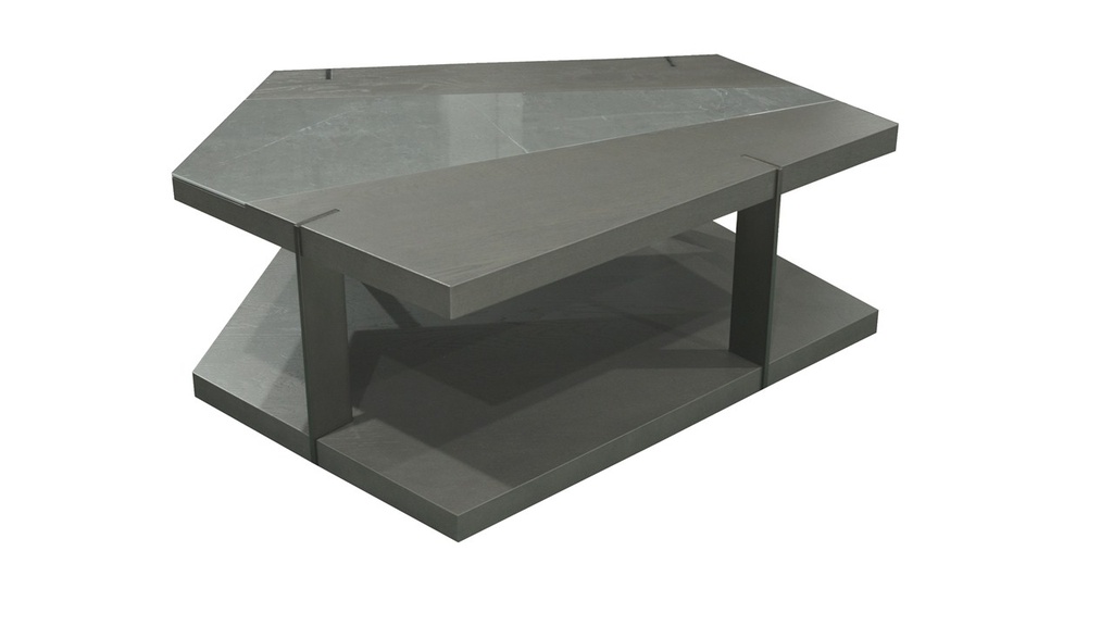 PENTAGON-CT-2361-COFFEE TABLE (120X100X40)-OK-78 SMOKE OAK+TOP PN-73B+SA165 ANTIQUE BRASS GREY PORCELAIN-G2