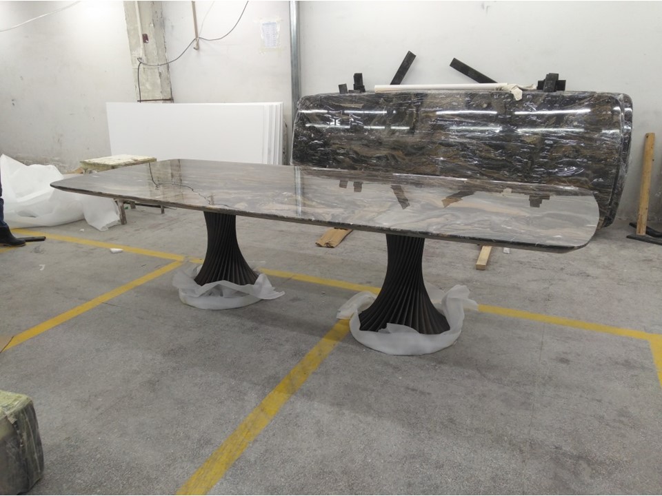 STANWOOD-DT-21042-DINING TABLE (3000*1200*750)-VENICE MARBLE TOP+WALNUT