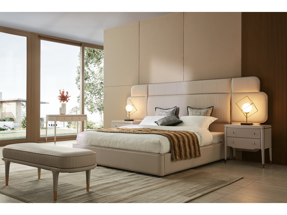 PENELOPE-TBE01-20-BED(2.0)+2 NT(TNT01)+DRS(TDM01-1)+MIRR(TDR01)+STL(TDK01)+TDJ-01-BENCH -BEIGE (PT9106)+GREY MATT+BRUSHED GOLD