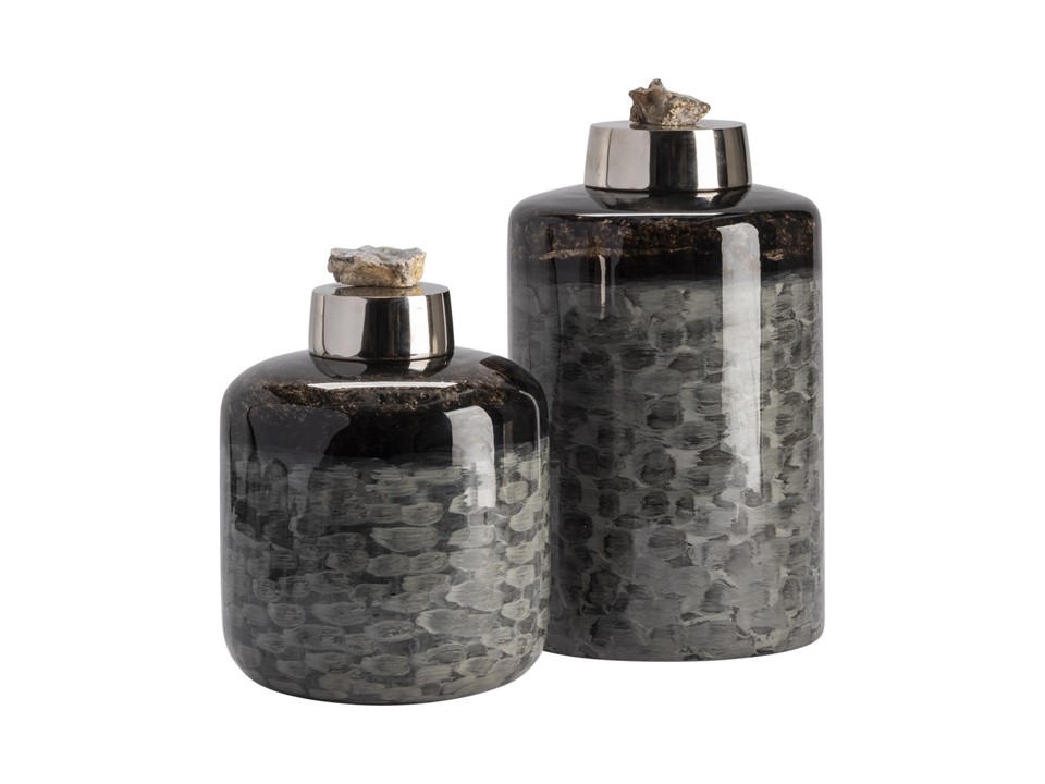 CNIDDEN-031-ALBAN LIDDED CONTAINERS  L-(DIA 7 X 11HT.  SDIA 7 X 8HT)-GLASS&ALUMIMUM&ZEOLITE  BLACK & GRAY GLASS FINISH