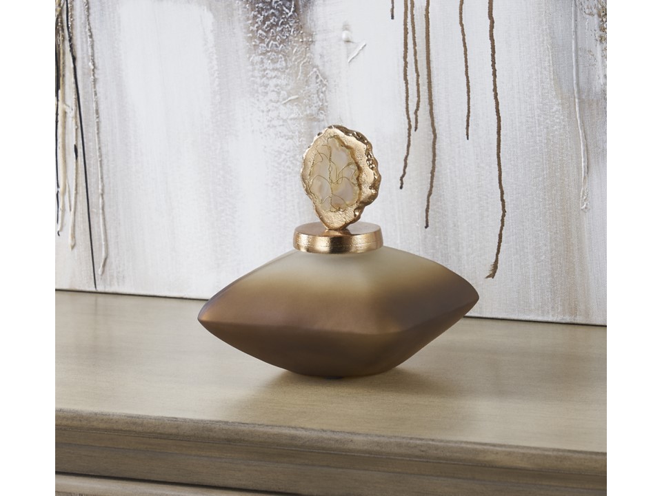 CNIDDZEN-037S-SMALL ESME BOTTLE WITH WRAPPED AGATE ACCENTS-(7 X 7 X 7)-GLASS & ALUMINUM  CHAMPAGNE GOLD & OMBRE GLASS FINISH