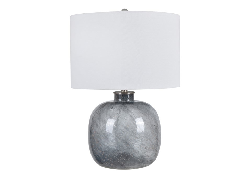 CVABS-2036A-ELLIS BLOWN GLASS TABLE LAMP  (25.5)-HT GLASS  SMOKEY GRAY WITH MOTTLED EFFECT FINISH-(17 X 17 X 11)-WHITE LINEN DRUM SHADE