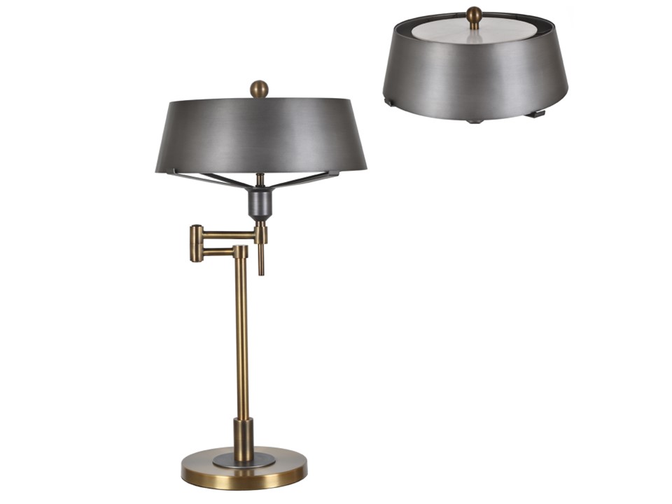 CVAER-1564-DUKE SWING ARM TABLE LAMP-(25HT)-METAL  ANTIQUE BRASS & GUNMETAL FINISH-(11 X 13 X 4.5)-METAL SHADE WITH ACRYLIC DIFFUSER