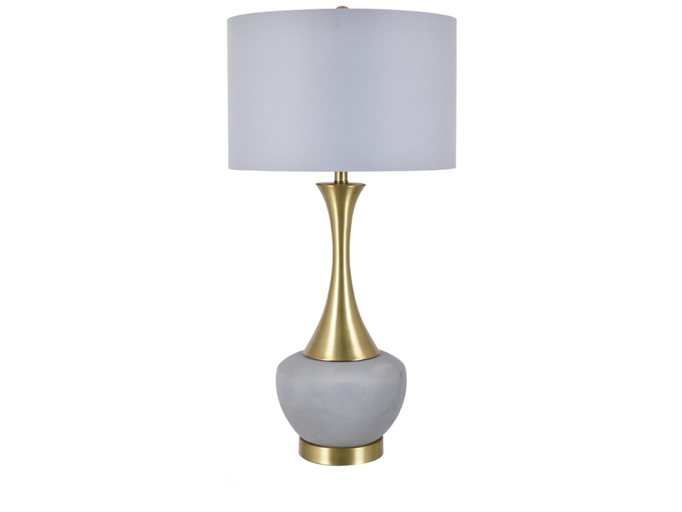 CVAER-1721-BAILEY TABLE LAMP-(34.5HT)-CEMENT & METAL  BRUSHED GOLD & CEMENT FINISH-(17 X 17 X 11)-GREY LINEN DRUM SHADE
