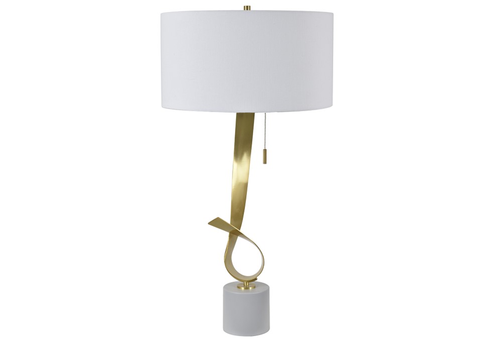 CVAER-1739-COLLINS PULL CHAIN TABLE LAMP-(35HT)-METAL & RESIN  SOFT BRASS & CEMENT FINISH-(18 X 18 X 9.5)-WHITE LINEN DRUM SHADE