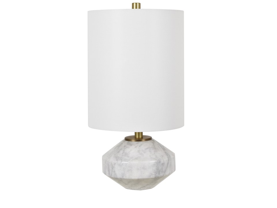 CVAZMB-017-CLEMENTS FACETED ORB TABLE LAMP-(21.5HT)-MARBLE & METAL  WHITE MARBLE & ANTIQUE BRASS FINISH-(11 X 11 X 13)-WHITE LINEN CYLINDER SHADE