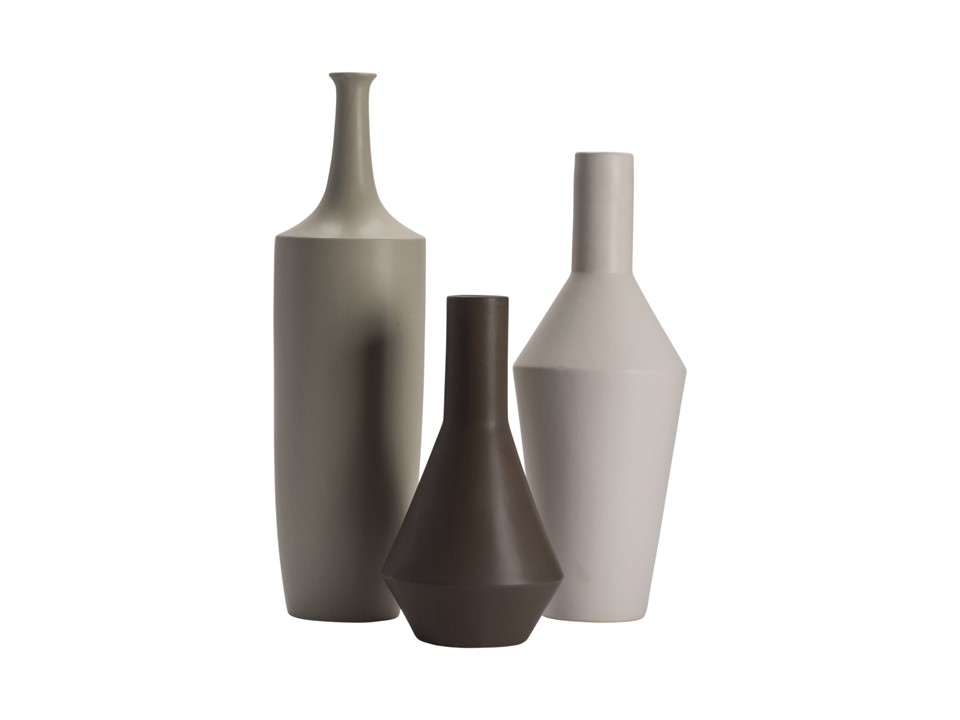 CVVZSA-011-ZEN JAPANESE INSPIRED BOTTLES,SET OF-(3  L) 6.5 X 6.5 X 23.5M) 8 X 8 X 20S)8 X 8 X 14.5)-CERAMIC  TAUPE & WHITE & CHARCOAL MATT GLAZED CERAMIC FINISH