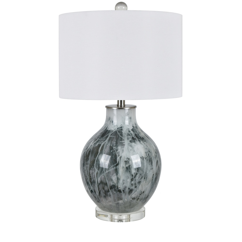 CVABS-2185-GWEN TABLE LAMP  27 INCH HT GLASS & CRYSTAL  COBALT WHITE REVERSE PAINTED & BRUSHED NICKLE FINISH  15 X 15 X 10 WHITE LINEN WITH TEXTURE DRUM SHADE