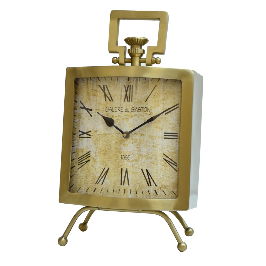 CNIDCKN010-TABLE CLOCK-8.25 X 5.5 X 15-STEEL - ALUMINUM CURVED WITH HANDLE IN BRASS FINISH