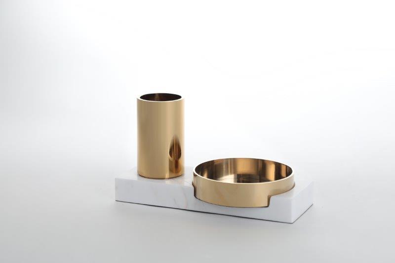 D0105A-PEN HOLDER-(240*130*130) BRUSHED GOLD & WHITE