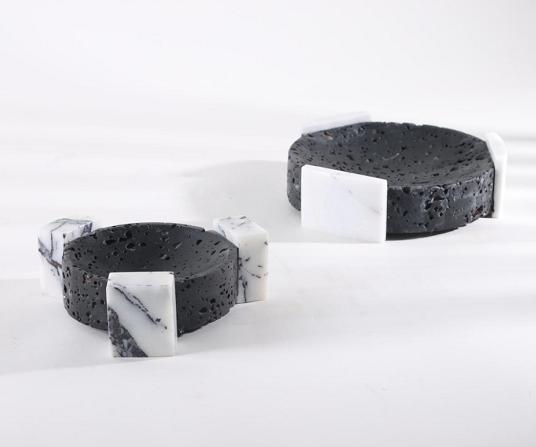 G0907L-ROUND BLACK MARBLE TRAY-(250*250*70)-BLACK & WHITE