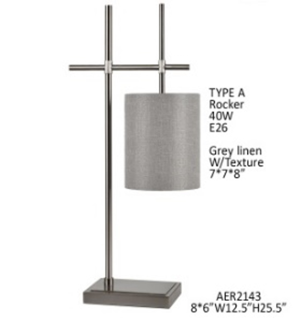 CVAER2143-TABLE LAMP METAL BLACK NICKEL FINISH-GREY LINEN CYLINDER SHADE-(18X18X20.2)
