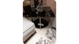 [CTCD-CJ1552A] INESSA-CD-CJ1552A END TABLE (600*600*500) - GREY GLASS+BOTTOM BLACK GLOSS+STAINLESS STEEL CHAMPAGNE GOLD LEG