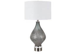 [ACCVABS1951] CVABS-1951-MOODY BLOWN & CARVED GLASS TABLE LAMP-(32.5HT)-GLASS & METAL & CRYSTAL  GREY WEATHERED & BRUSHED STEEL FINISH-(17 X 17 X 11)-WHITE LINEN DRUM SHADE