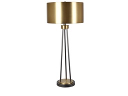 [ACCVAER1554] CVAER-1554-PRIESTLEY TABLE LAMP-(33.5HT)-METAL  GUNMETAL & ANTIQUE BRASS FINISH-(15 X 15 X 8)-METAL IN ANTIQUE GOLD DRUM SHADE