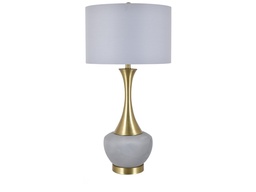 [ACCVAER1721] CVAER-1721-BAILEY TABLE LAMP-(34.5HT)-CEMENT & METAL  BRUSHED GOLD & CEMENT FINISH-(17 X 17 X 11)-GREY LINEN DRUM SHADE