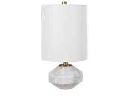 [ACCVAZMB017] CVAZMB-017-CLEMENTS FACETED ORB TABLE LAMP-(21.5HT)-MARBLE & METAL  WHITE MARBLE & ANTIQUE BRASS FINISH-(11 X 11 X 13)-WHITE LINEN CYLINDER SHADE