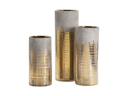 [ACCVVSA1104] CVVSA-1104-BEACON CYLINDER VASES,SET OF -(3  L)4.5 X 4.5 X 14HTM)4.5 X 4.5 X 11HTS)4 X 4 X 9HT)-CERAMIC  GOLD & GRAY CERAMIC FINISH